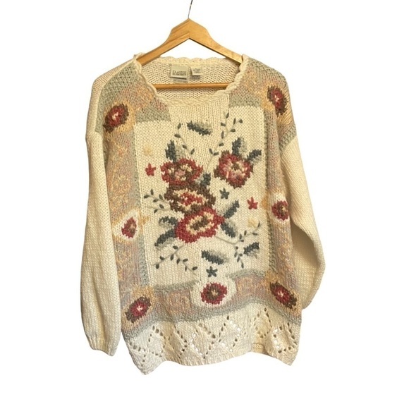 Vintage Knit Chunky Floral Hand Made Classic Elements - Size Large - Picture 7 of 7